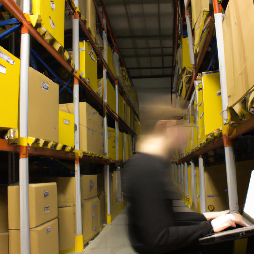 Person using computer in warehouse