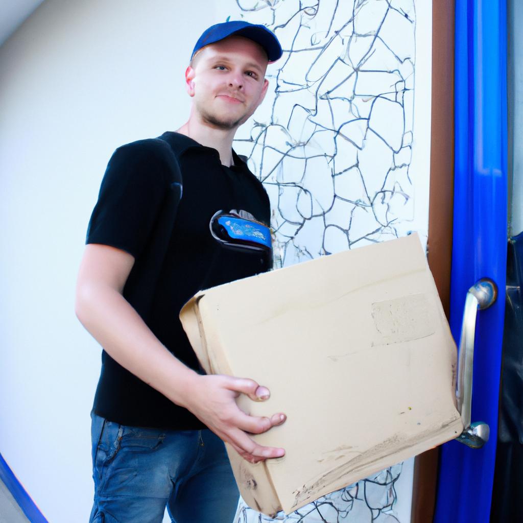 Person holding delivery package, smiling